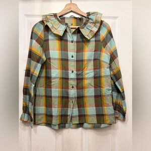 TOAST Plaid Button-Up Shirt in Mint, Brown & Mustard